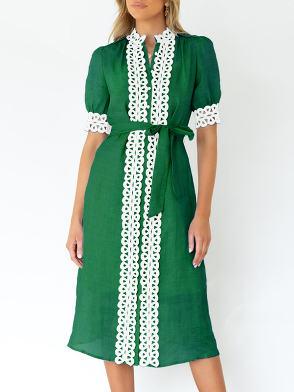 Women's Elegant New Short sleeved Lace Contrasting Temperament Commuter Mid length Dress