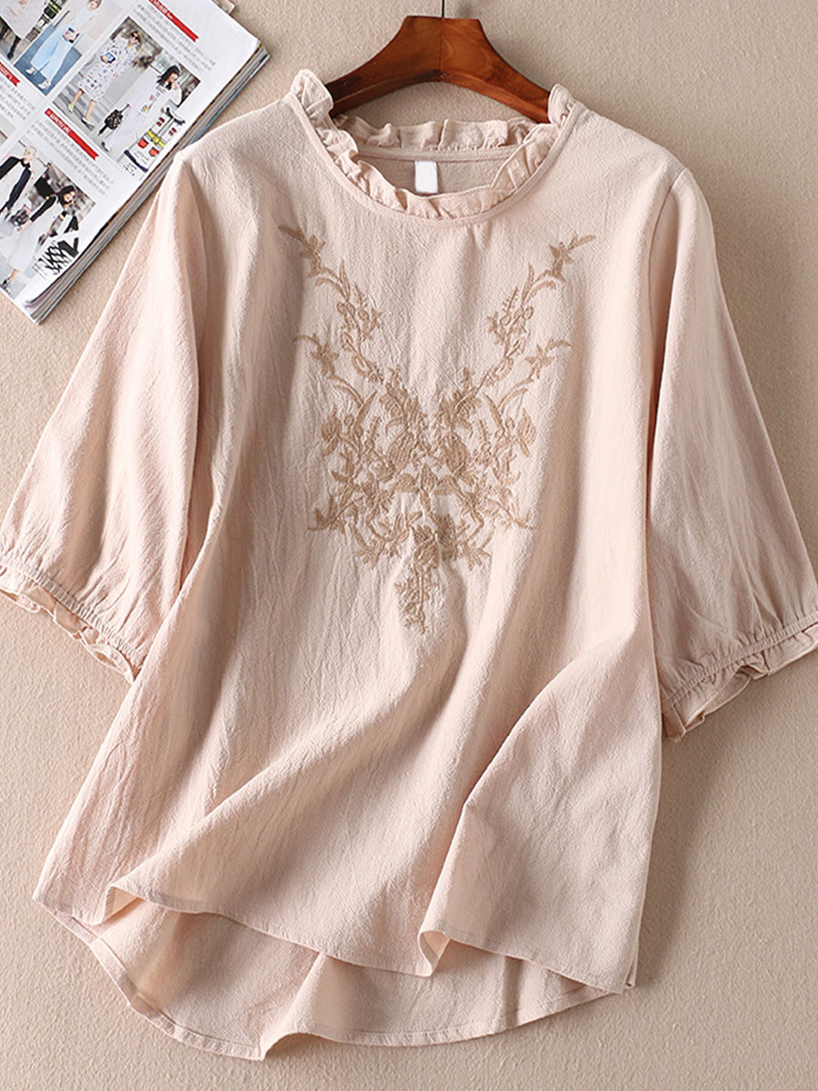 Round Neck Casual Loose Embroidered Short Sleeve Blouse