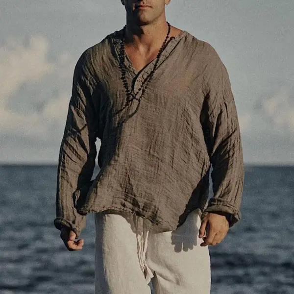 Men's Linen Half-open Collar Long-sleeved Shirt - Paleonice.com 