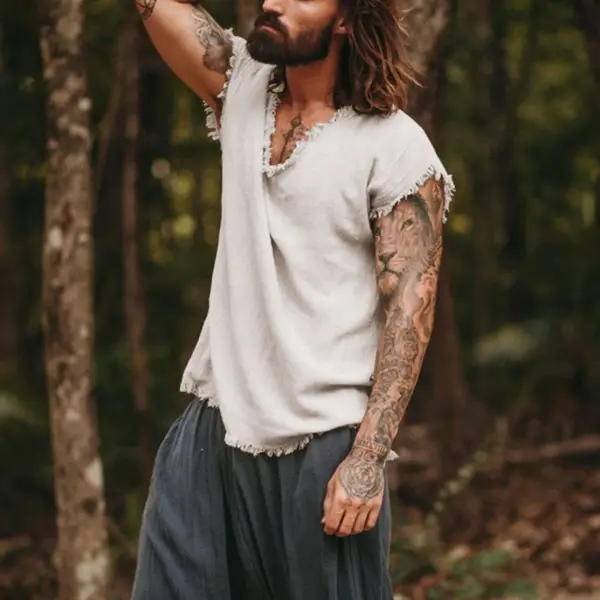 Mens Linen Minimalist Holiday Plain Tank Shirt - Mosaicnew.com 