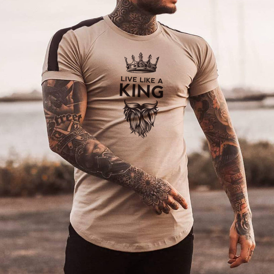 

Men's Fashion Live Like A King Print Color Matching Casual Slim Fit Short Sleeve T-Shirt
