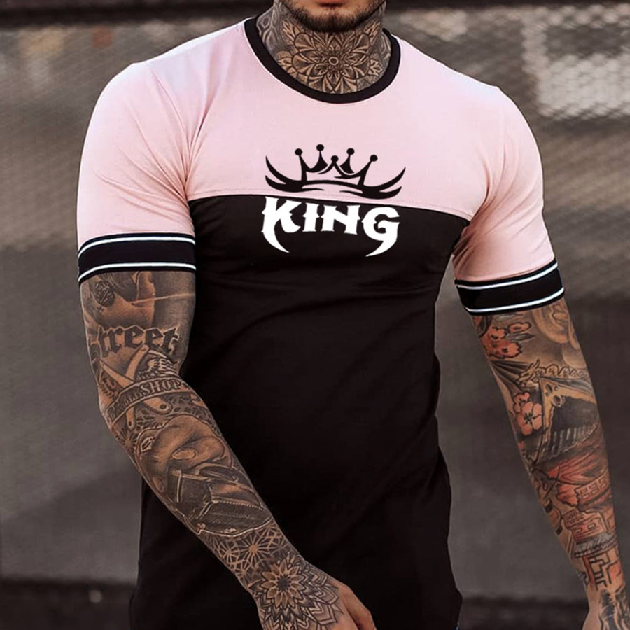 

Men's Fashion Live Like A King Print Color Matching Casual Slim Fit Short Sleeve T-Shirt