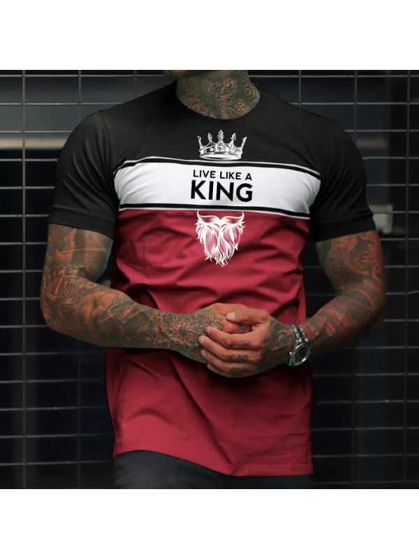 Men's Fashion Live Like A King Print Color Matching Casual Slim Fit Short Sleeve T-Shirt