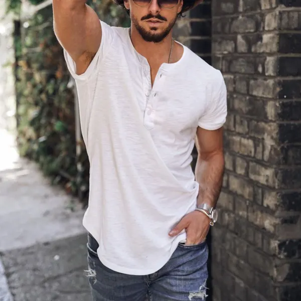 Holiday Casual Solid Color Breathable Henley T-Shirt - Fineesa.chimpone.com 