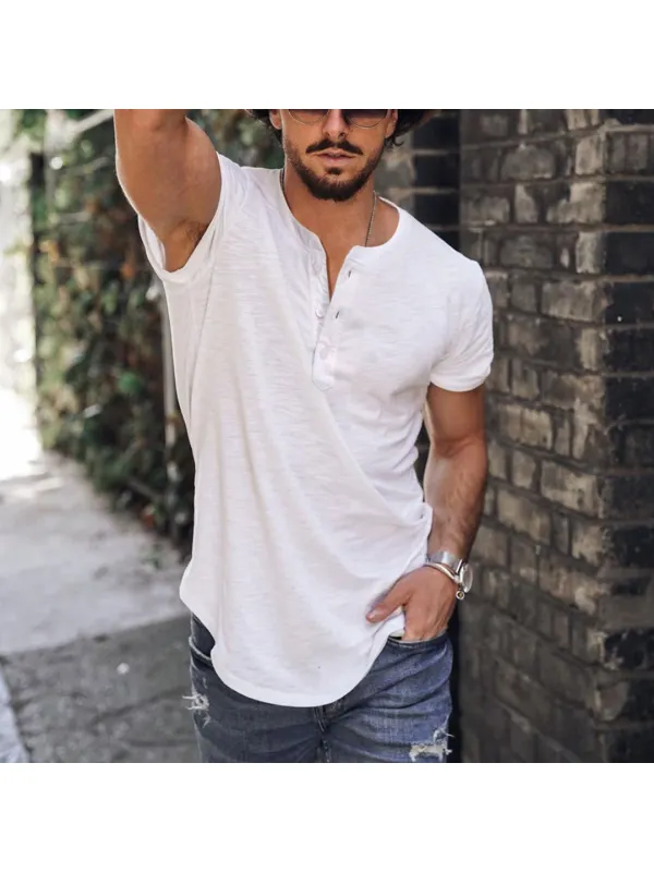 Holiday Casual Solid Color Breathable Henley T-Shirt - Ootdmw.com 