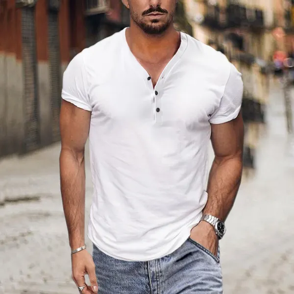 Solid Color Casual Breathable Henley T-Shirt - Fineesa.chimpone.com 