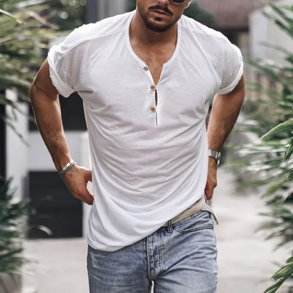 Holiday Casual Solid Color Breathable Henley T-Shirt - Fineesa.chimpone.com 