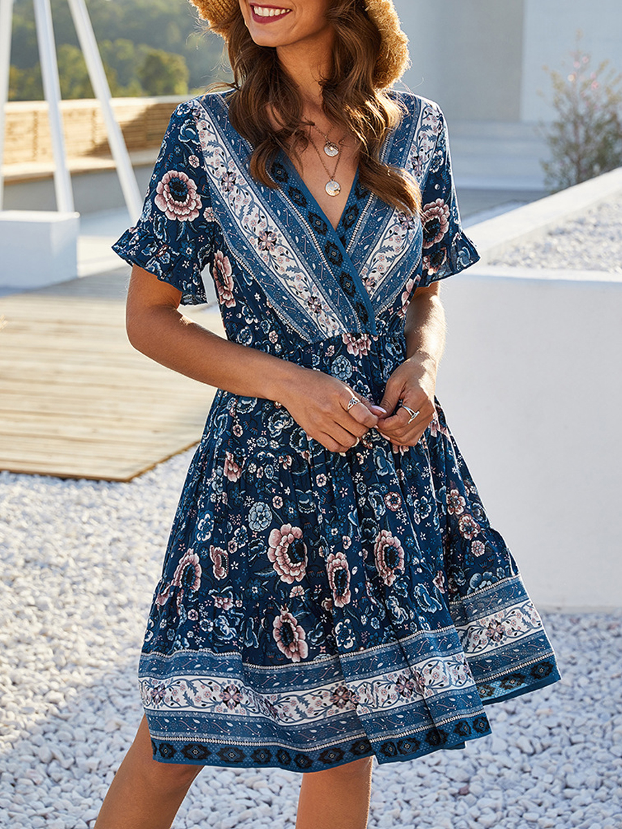 V neck Printed Casual Boho Beach Dress