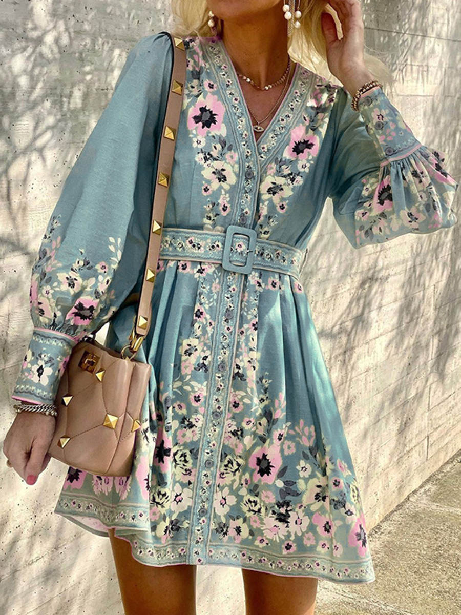 V Neck Printed Boho Vacation Dress