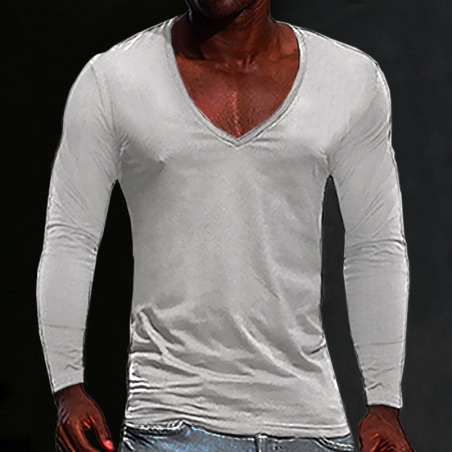 Men's Basic White Deep V Neck Cotton Long Sleeve T-Shirt