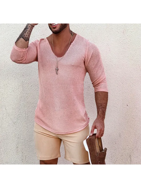 Men's Deep V Neck Breathable Linen Cotton Mid Sleeve T-Shirt - Ootdmw.com 