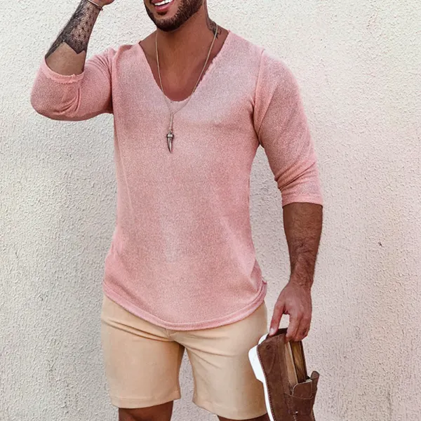 Men's Deep V Neck Breathable Linen Cotton Mid Sleeve T-Shirt - Menilyshop.com 