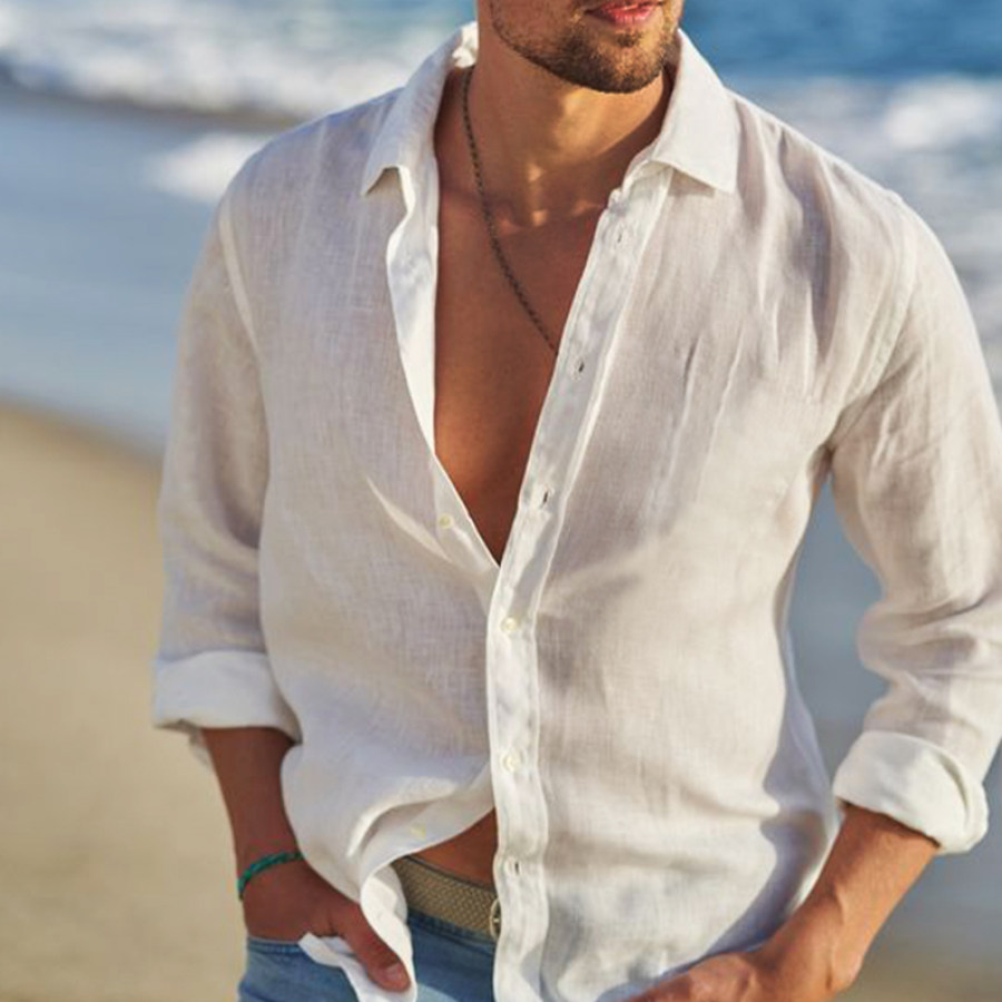 

Men's Resort Style Solid Color Basic Fashion Loose Linen Shirt