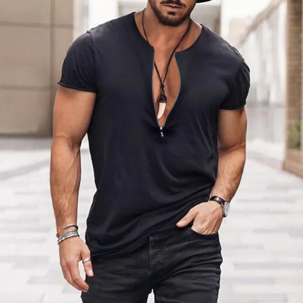 Men's V-neck Zipper Solid Color Breathable T-Shirt Casual Retro Outdoor Motorcycle Top - Sanhive.com 