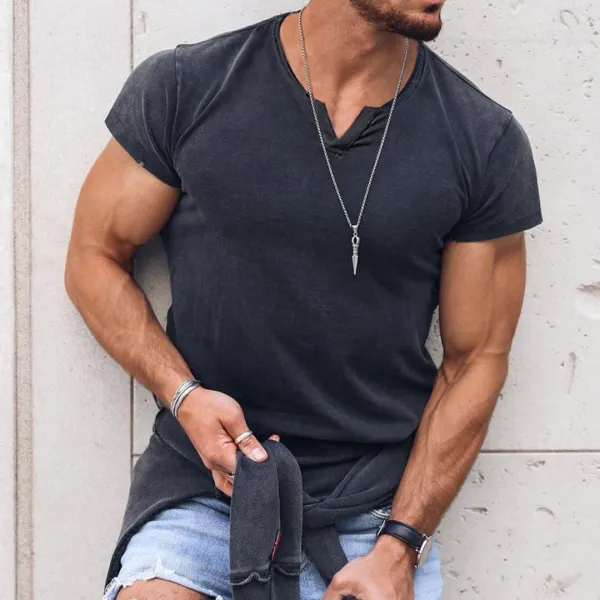 Men's V-neck Solid Color Breathable T-Shirt Casual Retro Outdoor Motorcycle Top - Ootdyouth.com 