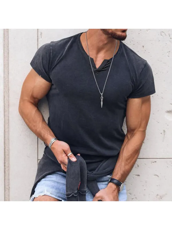 Men's V-neck Solid Color Breathable T-Shirt Casual Retro Outdoor Motorcycle Top - Ootdmw.com 