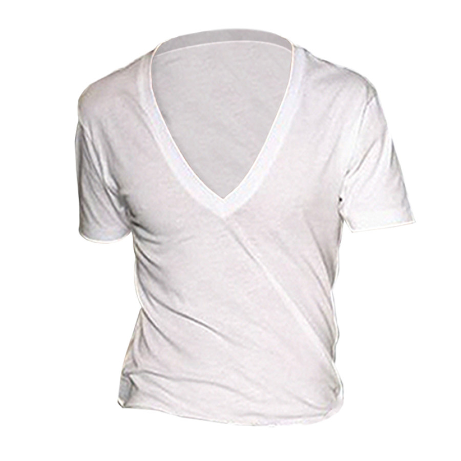 

Men's Basic White Deep V-Neck Cotton Short Sleeve T-Shirt
