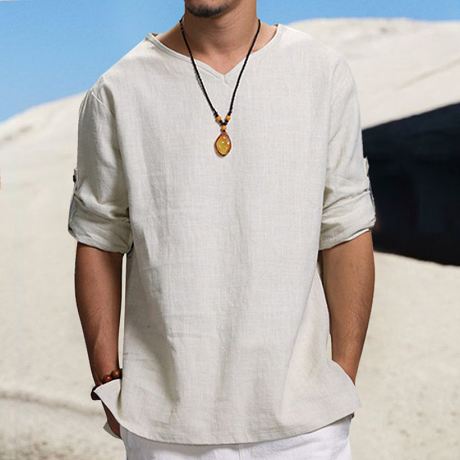 

Men's Linen Roll Sleeve V-Neck Casual Shirt