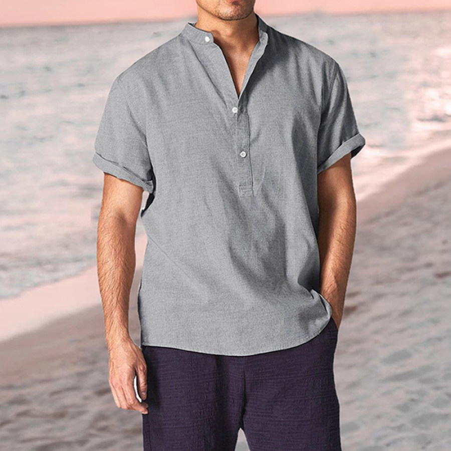 

Men's Linen Loose Stand Collar Versatile Short Sleeve Henley Shirt