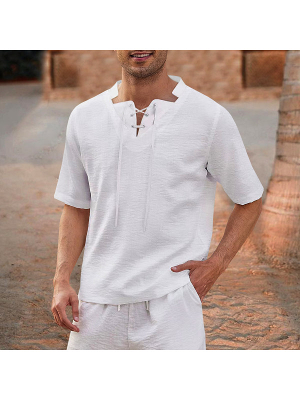 Men's Short Sleeve T-Shirt Cotton Linen Collar Casual Fashion Shirt