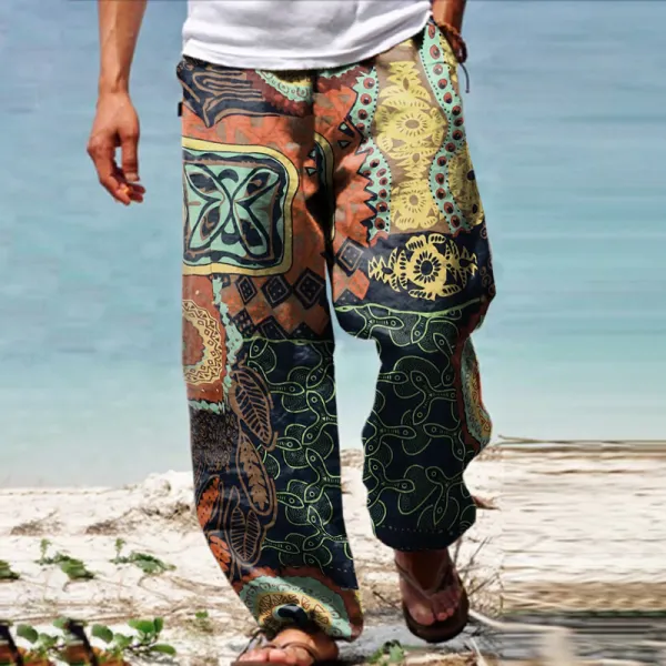 Men's Linen Western Ethnic Irregular Boho Print Double Pocket Stretch Loose Pants - Yiyistories.com 