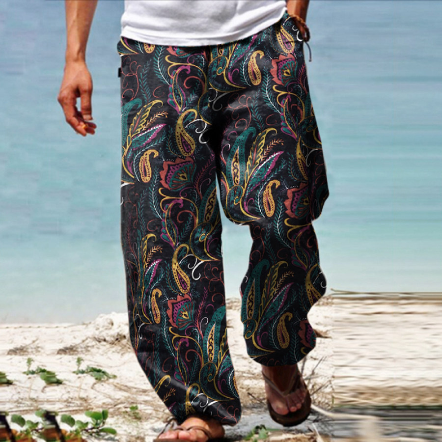 

Men's Linen Western Ethnic Irregular Boho Print Double Pocket Stretch Loose Pants