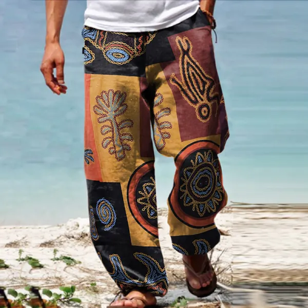 Men's Linen Western Ethnic Irregular Boho Print Double Pocket Stretch Loose Pants - Nikiluwa.com 