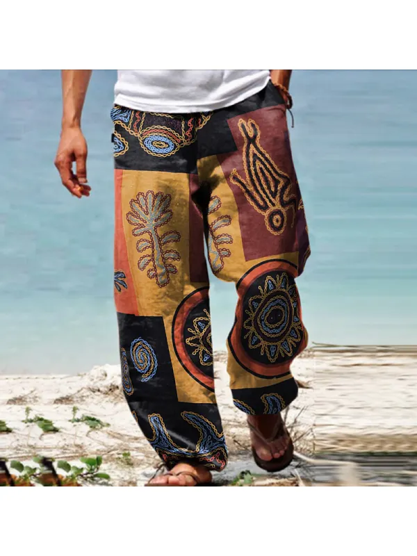Men's Linen Western Ethnic Irregular Boho Print Double Pocket Stretch Loose Pants - Valiantlive.com 