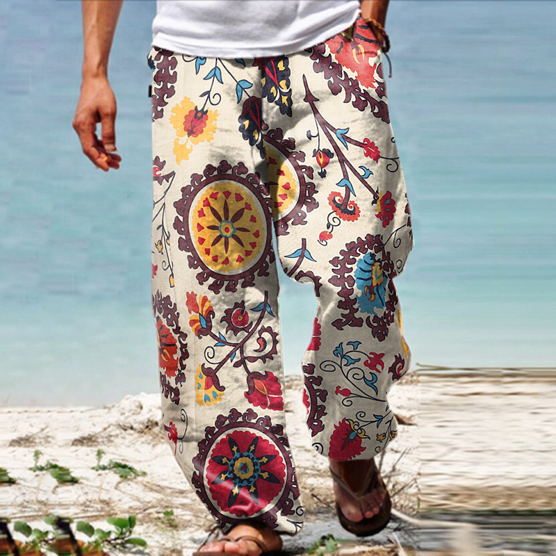 Men's Linen Western Ethnic Chic Irregular Boho Print Double Pocket Stretch Loose Pants