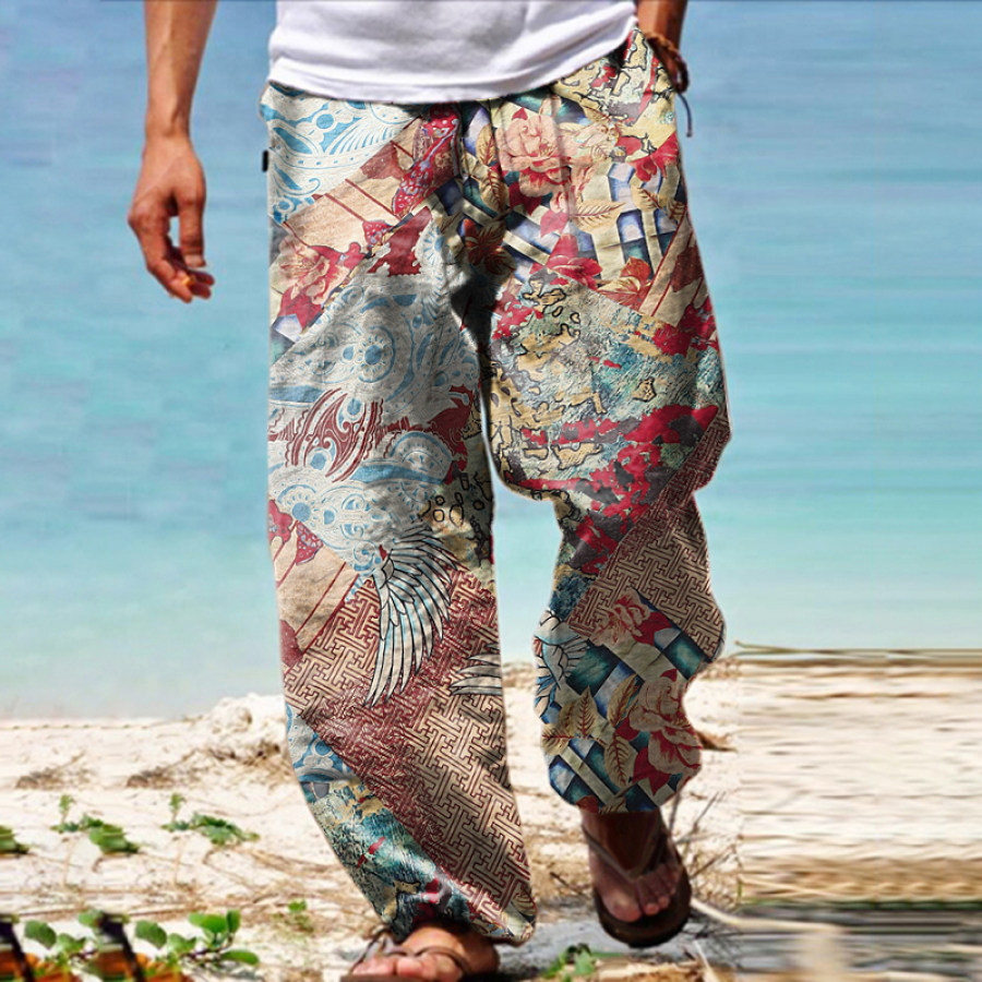 

Men's Linen Western Ethnic Irregular Boho Print Double Pocket Stretch Loose Pants