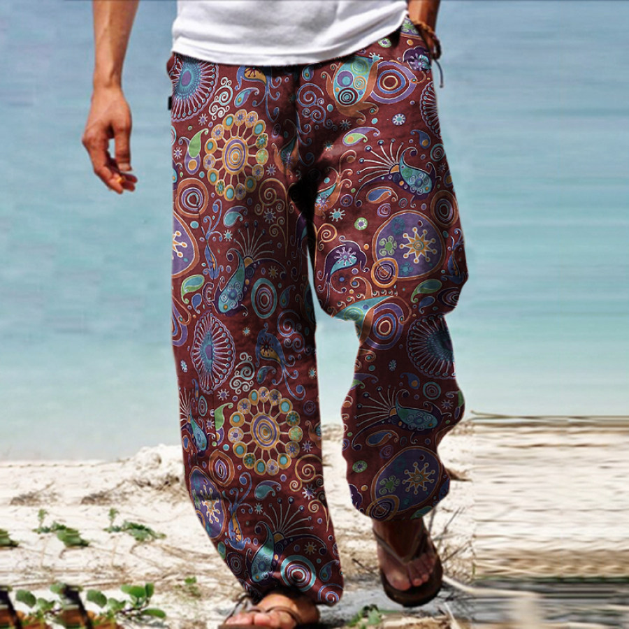 

Men's Linen Western Ethnic Irregular Boho Print Double Pocket Stretch Loose Pants