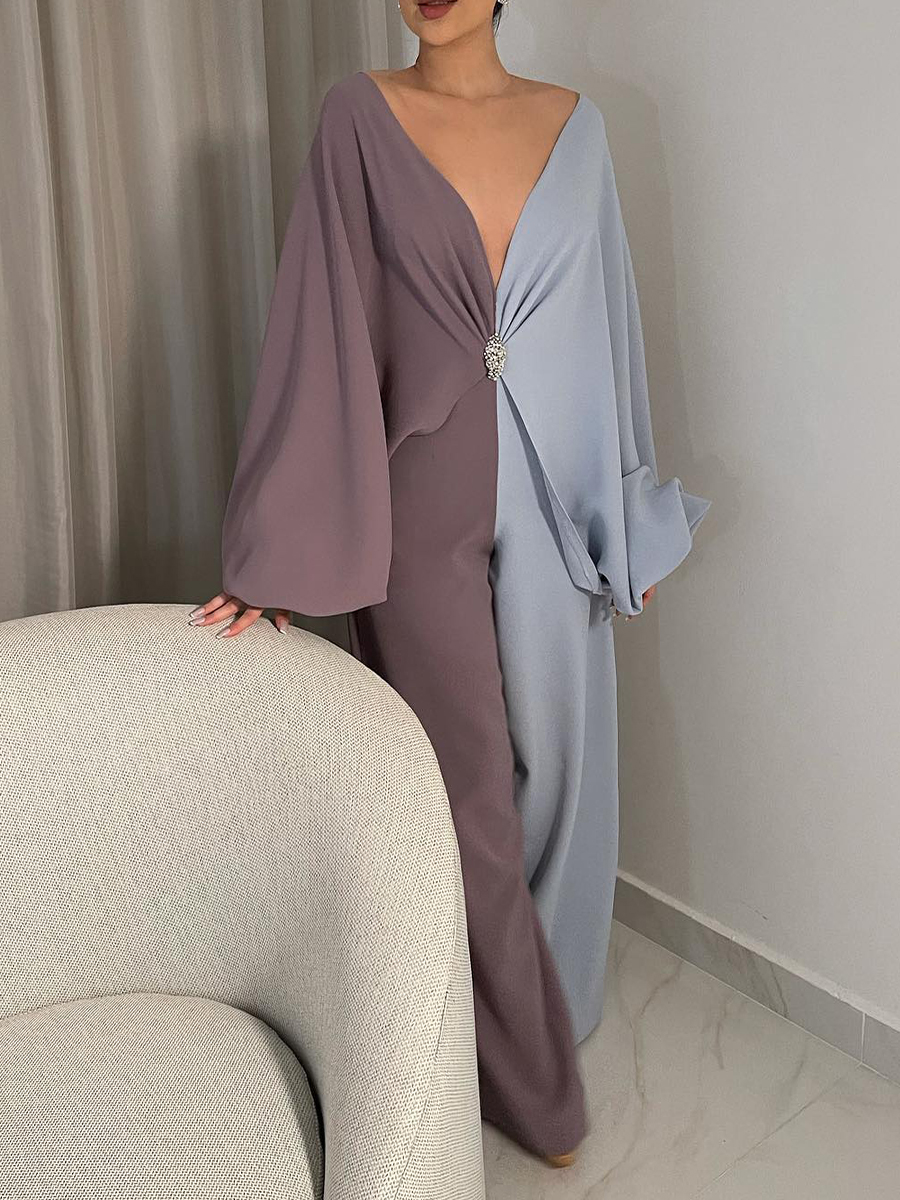Ladies Elegant V Neck Colorblock Home Casual Daily Jumpsuit