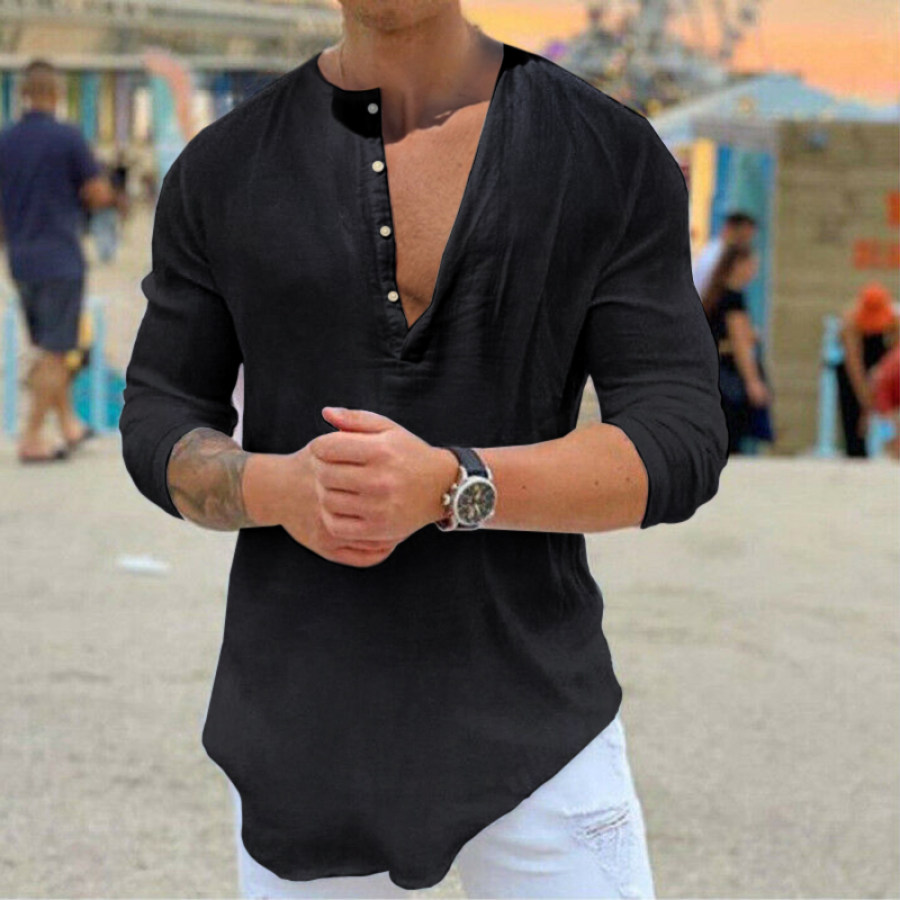 

Men's Casual Solid Color V-neck Long Sleeve T-shirt