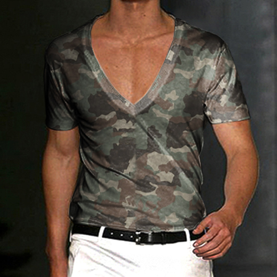 

Men's Patriotic Camo Print Casual Deep V Neck T-Shirt