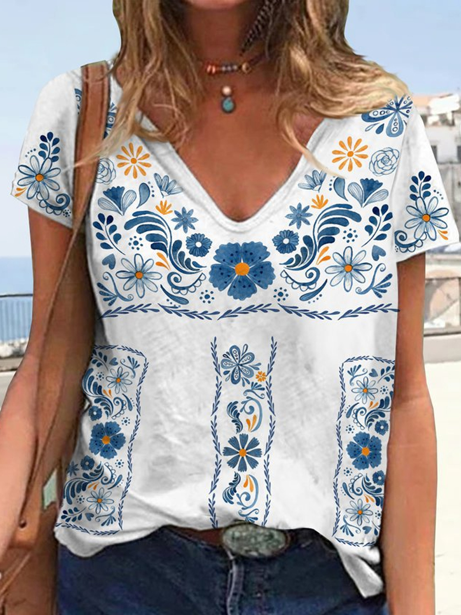 Loose Ethnic Floral Print V Neck Short Sleeve T Shirt