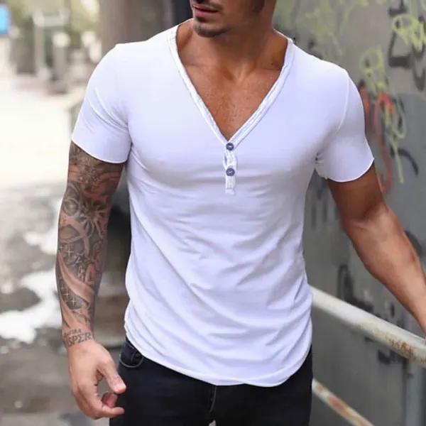 Men's Solid Color V-neck Casual Breathable T-Shirt - Fineesa.chimpone.com 