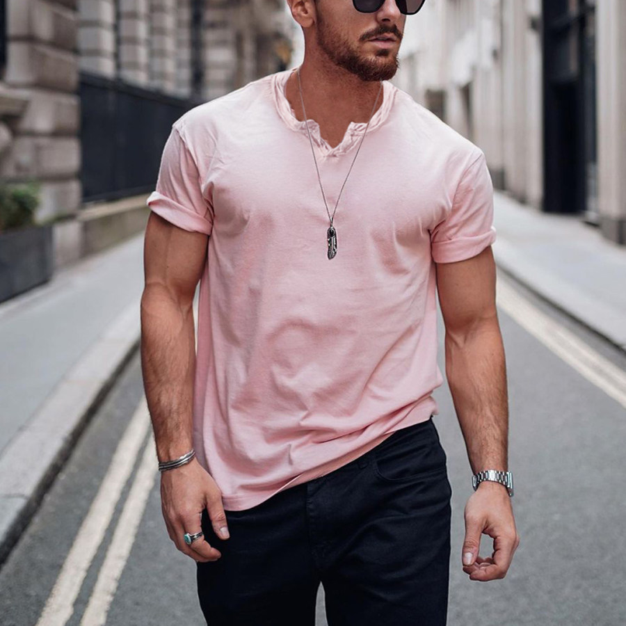 

Men's Solid Color V-neck Casual Breathable T-Shirt
