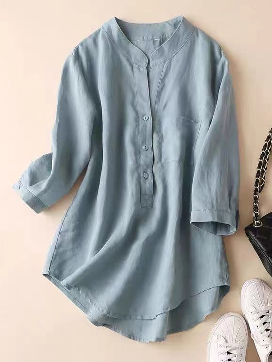 Casual Solid Color Pocket Button V Neck Three Quarter Sleeves Blouse