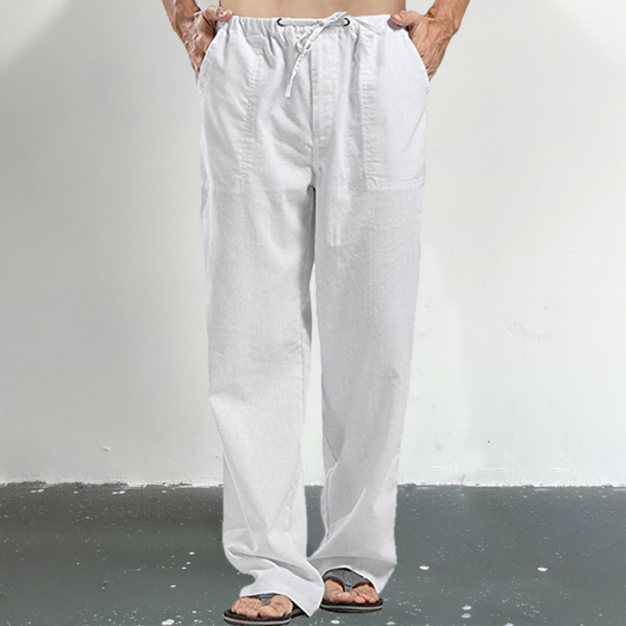 

Men's LinenElastic Waist Pocket Loose Straight Casual Pants