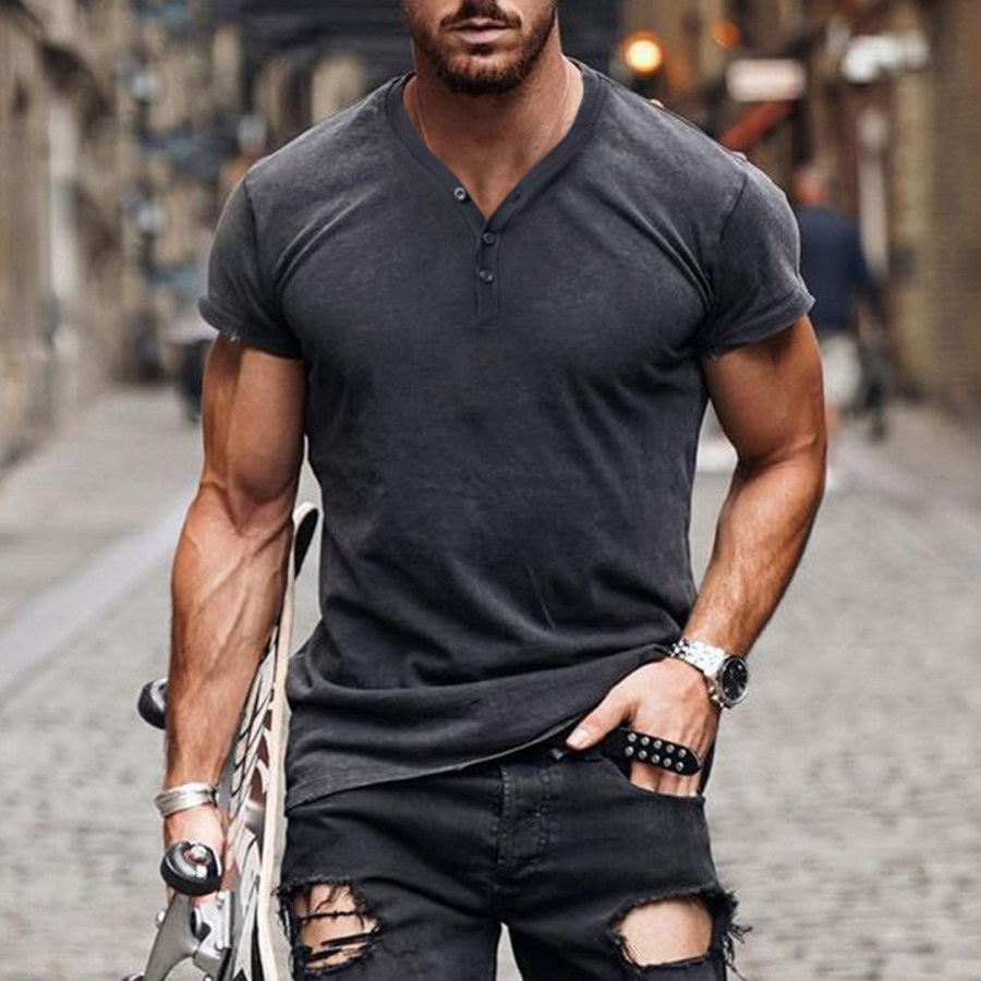 

Men's Solid Color V-neck Retro Casual Short Sleeve T-Shirt