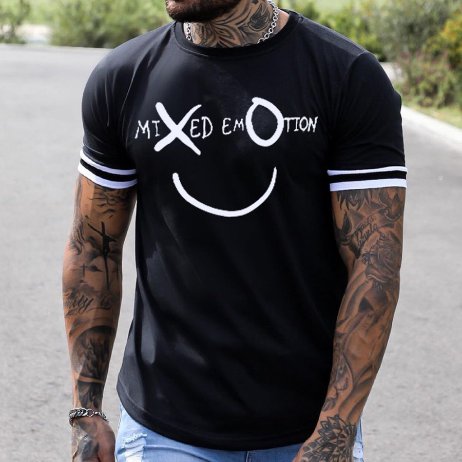 

Men's Fashion Smiley Print Short Sleeve T-Shirt Casual Colorblock Top