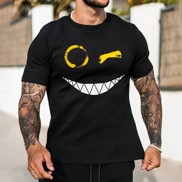 Men's Fashion Smiley Print Short Sleeve T-Shirt Casual Crew Neck Top - Stormnewstudio.com 