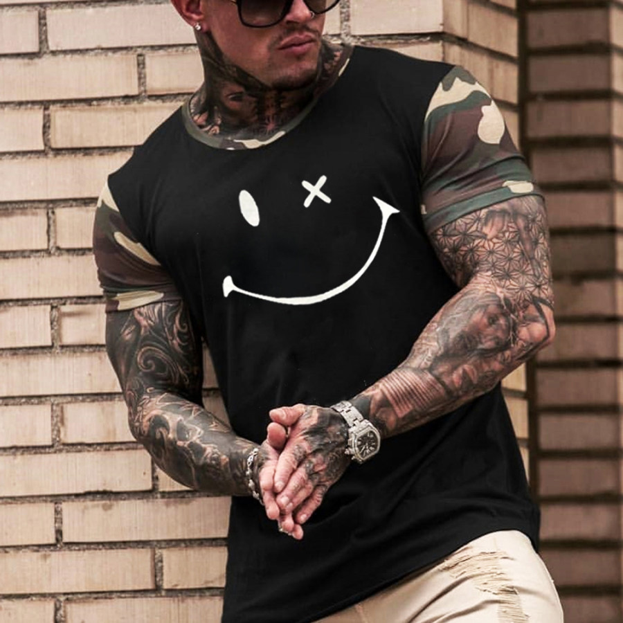 

Men's Fashion Smiley Print Short Sleeve T-Shirt Casual Colorblock Top