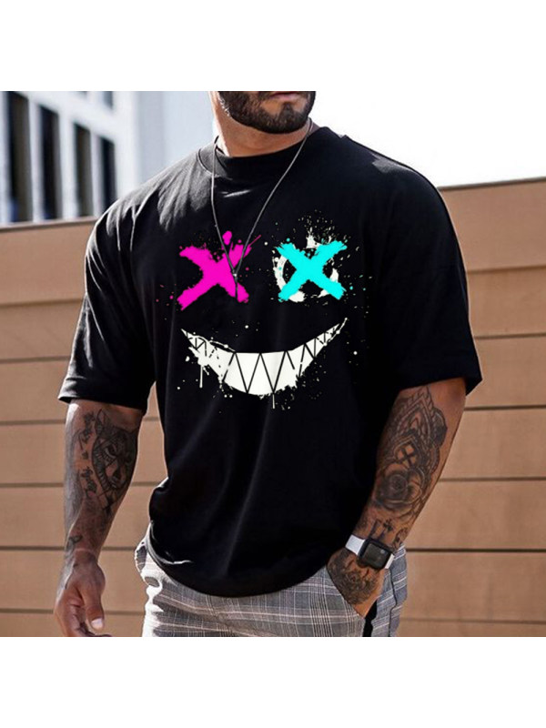 Men's Fashion Smiley Print Short Sleeve T-Shirt Casual Crew Neck Top