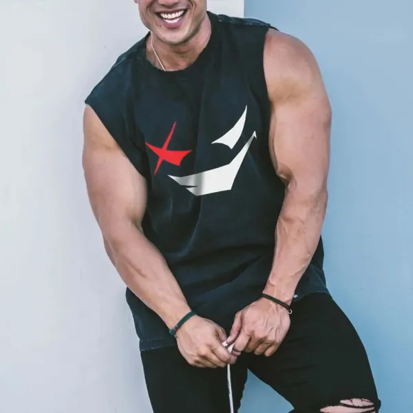 Men's Sports Smiley Print Sleeveless Black Tank Top - Paleonice.com 