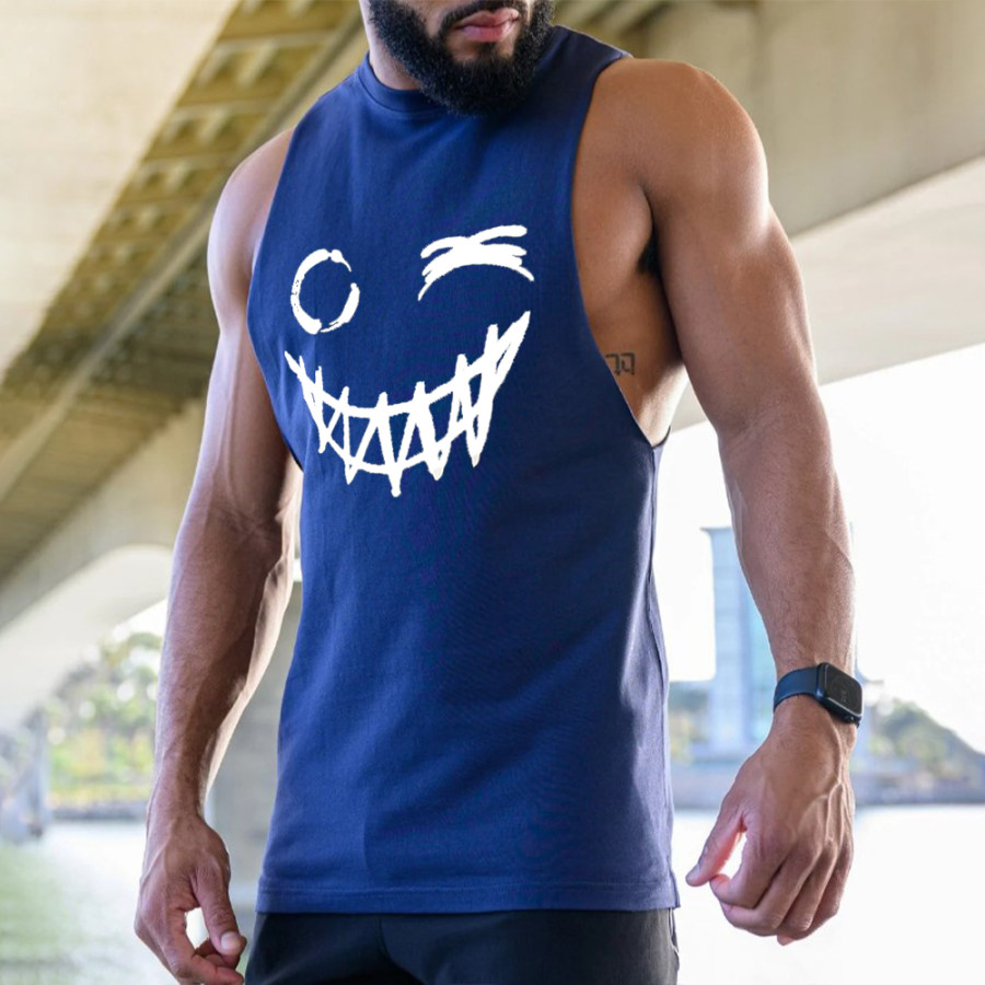 

Men's Sports Smiley Print Sleeveless Black Tank Top