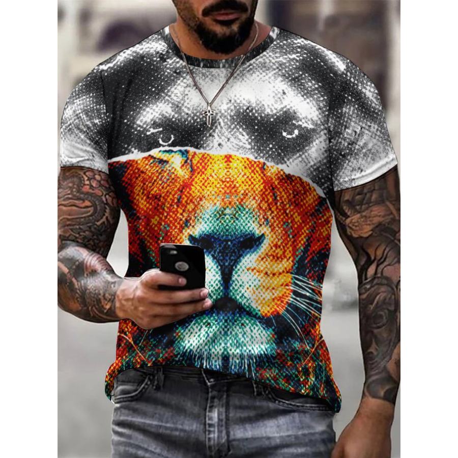 

Creative Lion Face Design Print Men's Short Sleeve T-Shirt