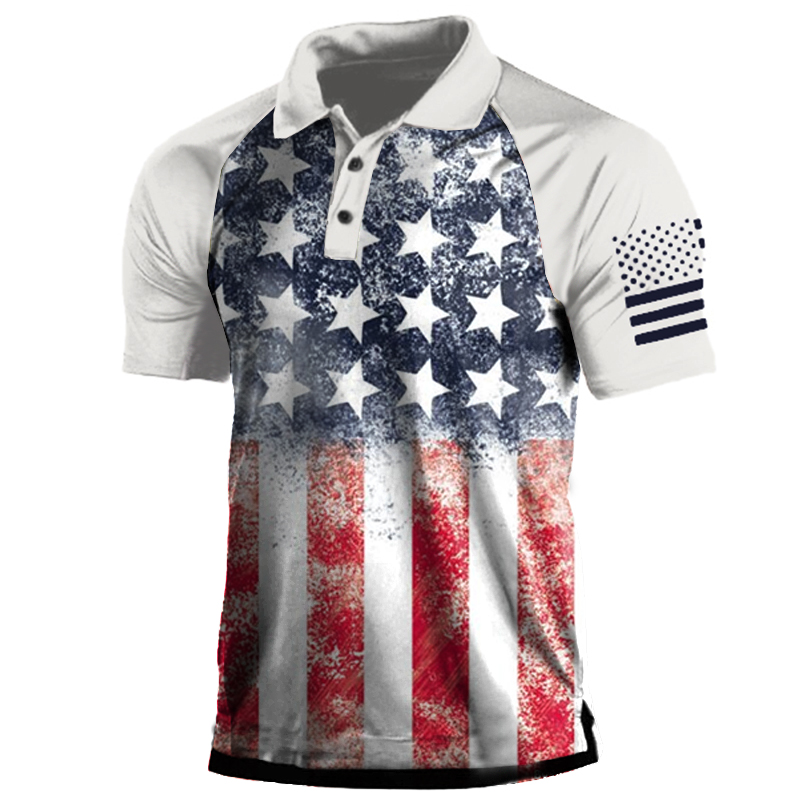 Men's American Flag Print Chic Polo Neck T-shirt