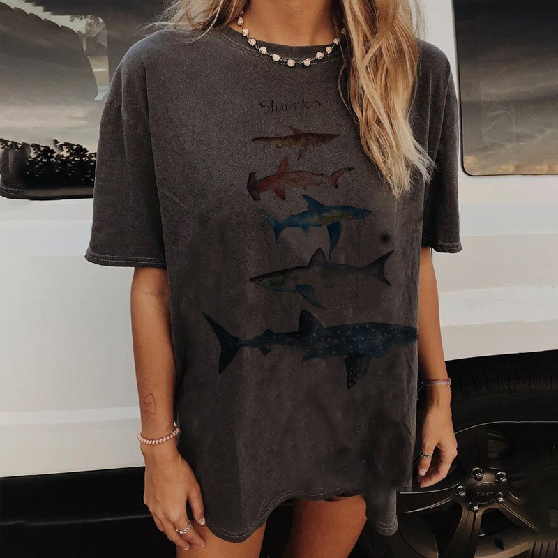Summer Retro Surf Marine Life Printed Casual Tee