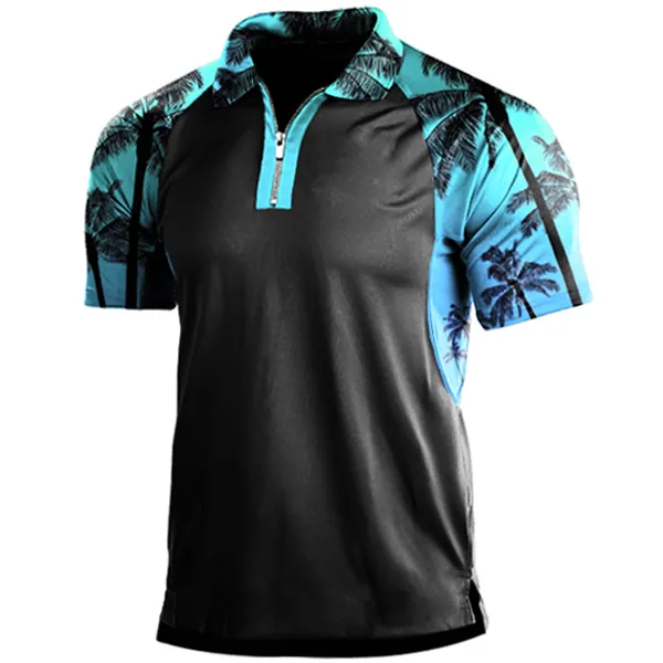 Men's Hawaiian Beach Style Print Panel Zip Polo Shirt - Salolist.com 